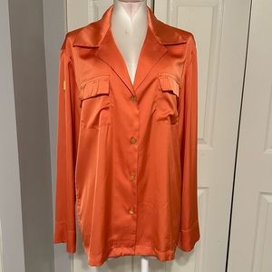 Montserrat New York Orange Button Down Silky Jet Shirt Blouse Women Size S